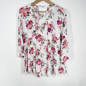 Umgee Floral Bell Sleeve Tunic Top Small White Pink